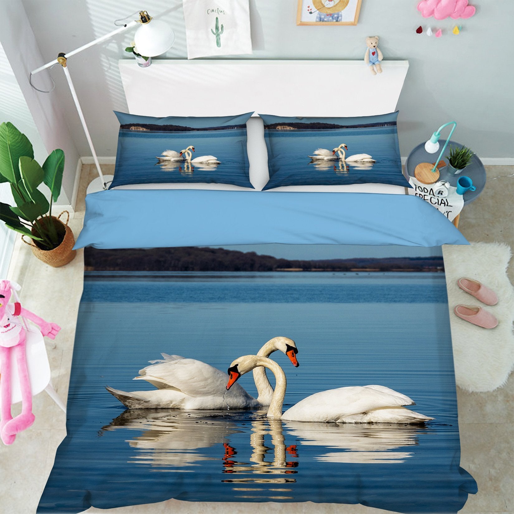 3D Swan Playing 2001 Bed Pillowcases Quilt Quiet Covers AJ Creativity Home 