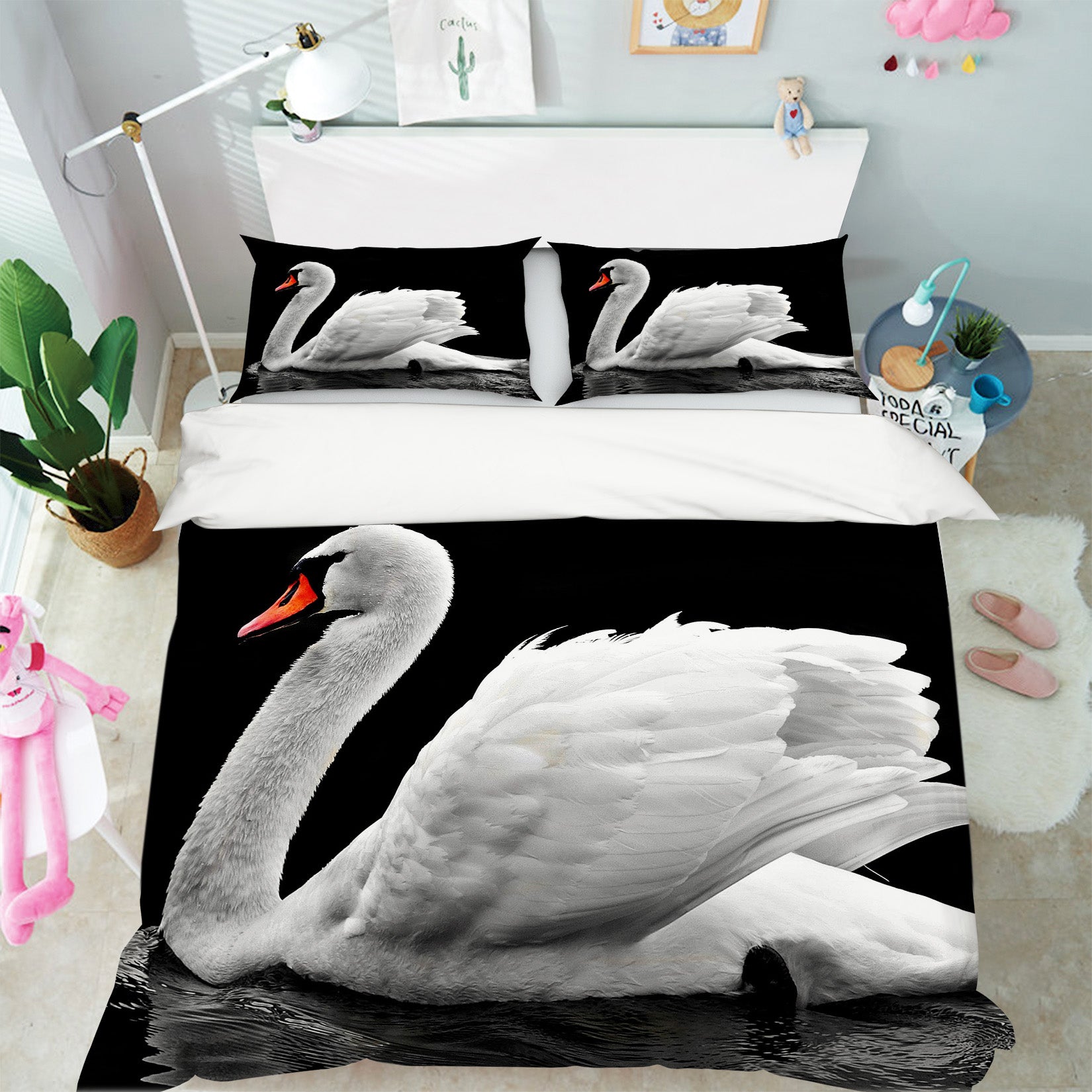 3D White Swan 1947 Bed Pillowcases Quilt