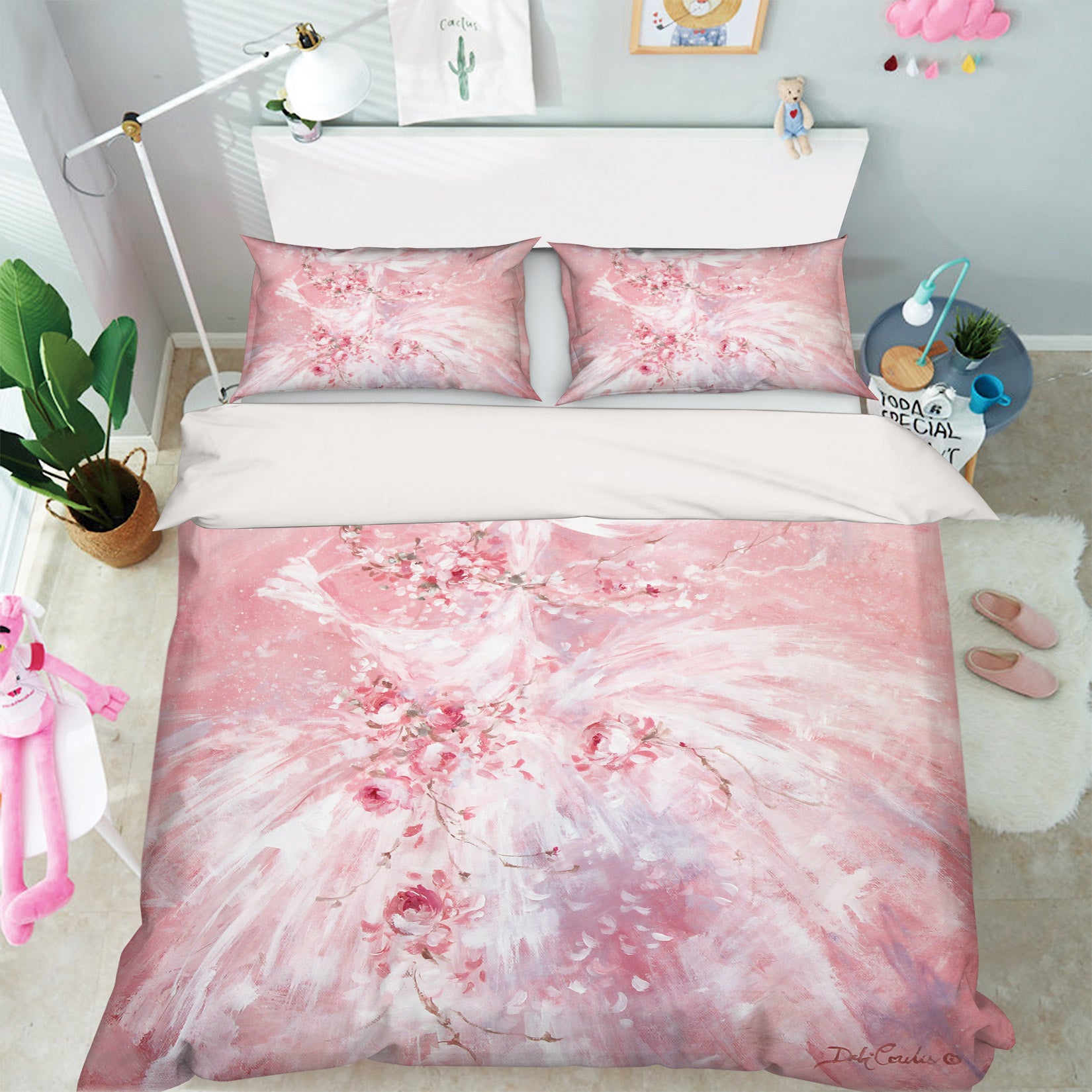 3D Pink Flower White Gauze Skirt 2122 Debi Coules Bedding Bed Pillowcases Quilt