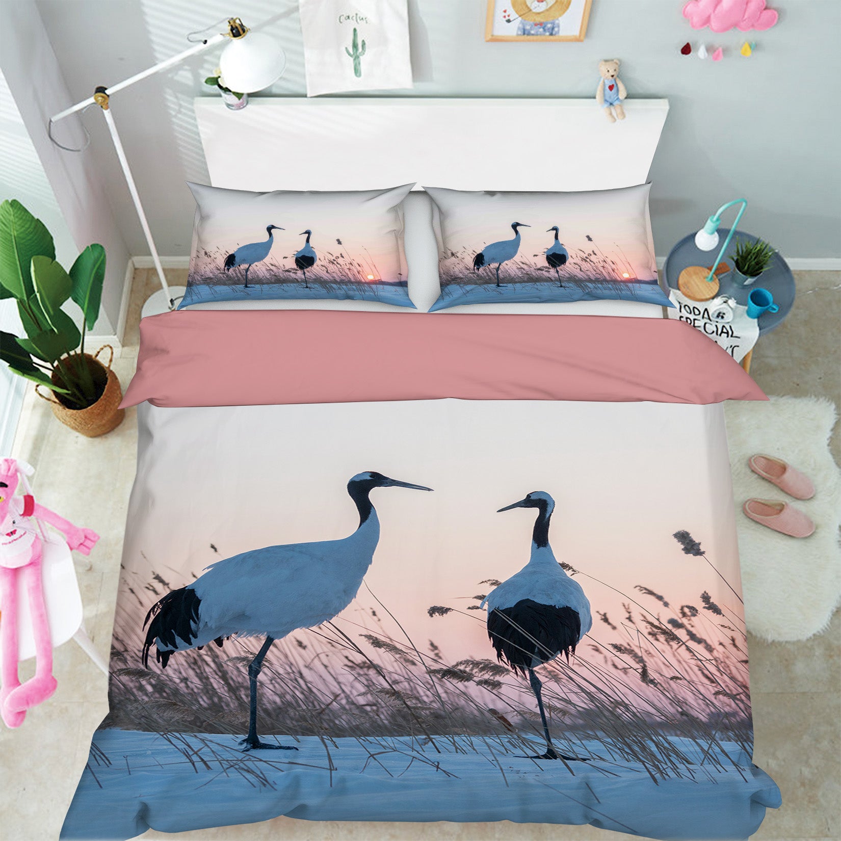 3D Pink Crane 021 Bed Pillowcases Quilt