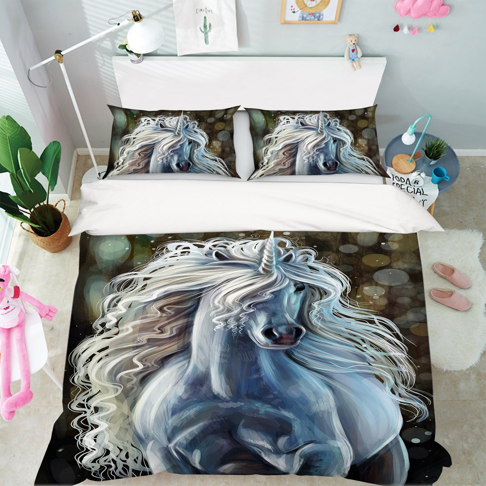 3D White Unicorn 030 Bed Pillowcases Quilt