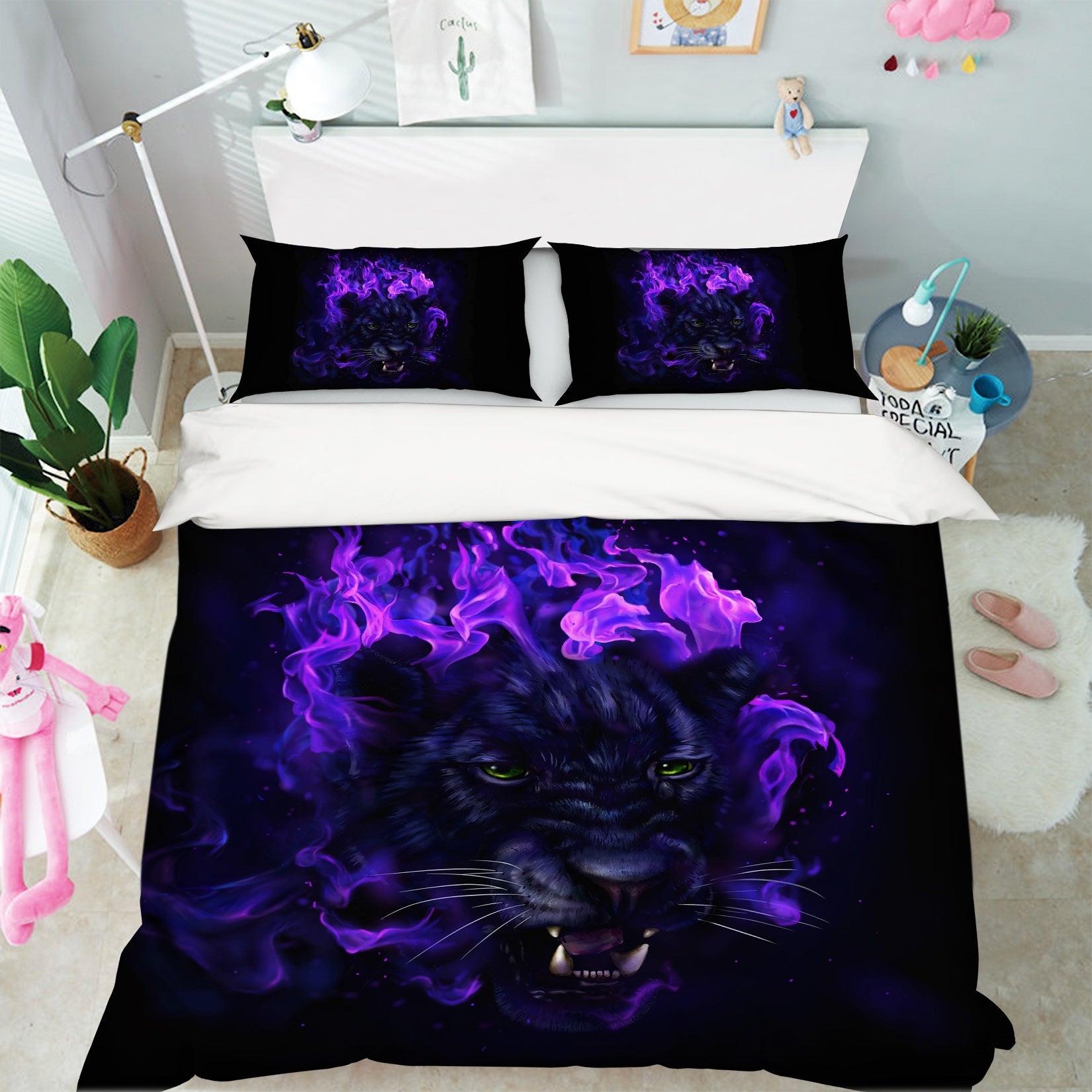 3D Purple Flame Tiger 109 Bed Pillowcases Quilt