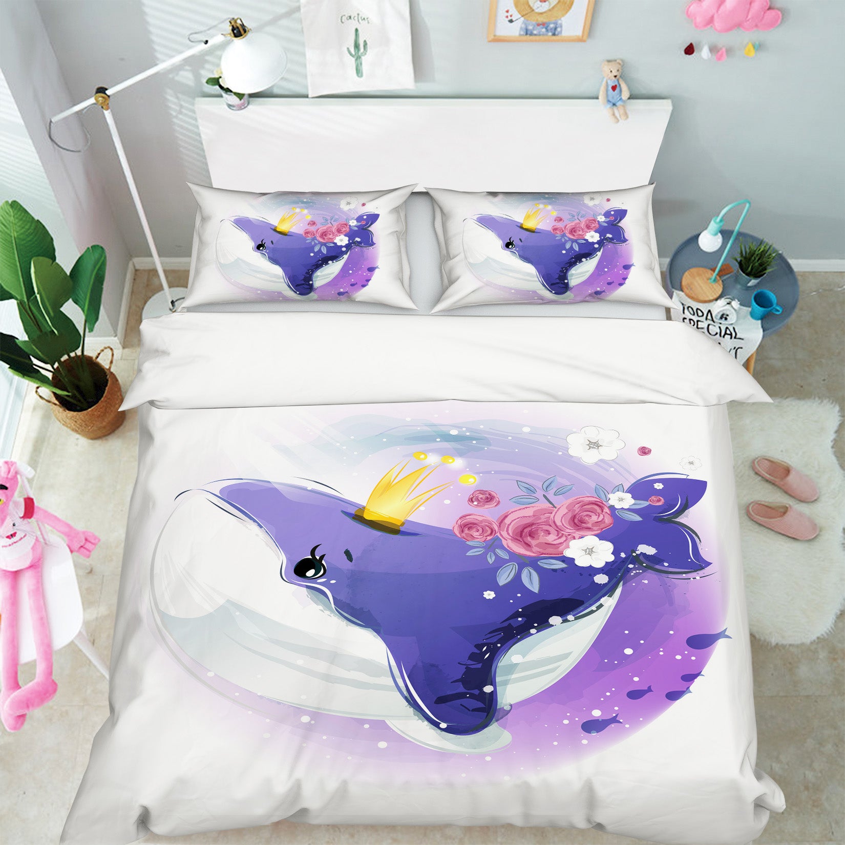 3D Purple Whale Flowers 67001 Bed Pillowcases Quilt