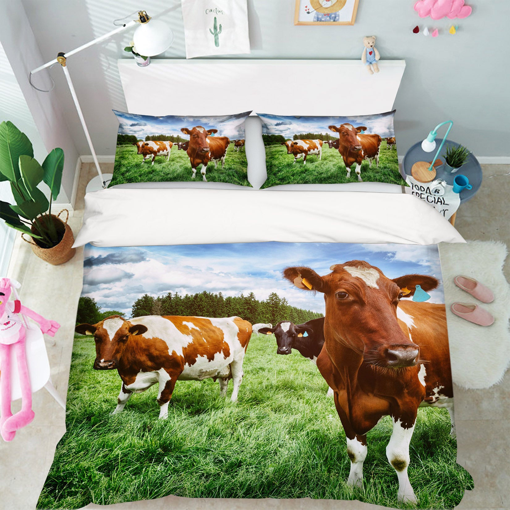 3D Red Cow Lawn 047 Bed Pillowcases Quilt
