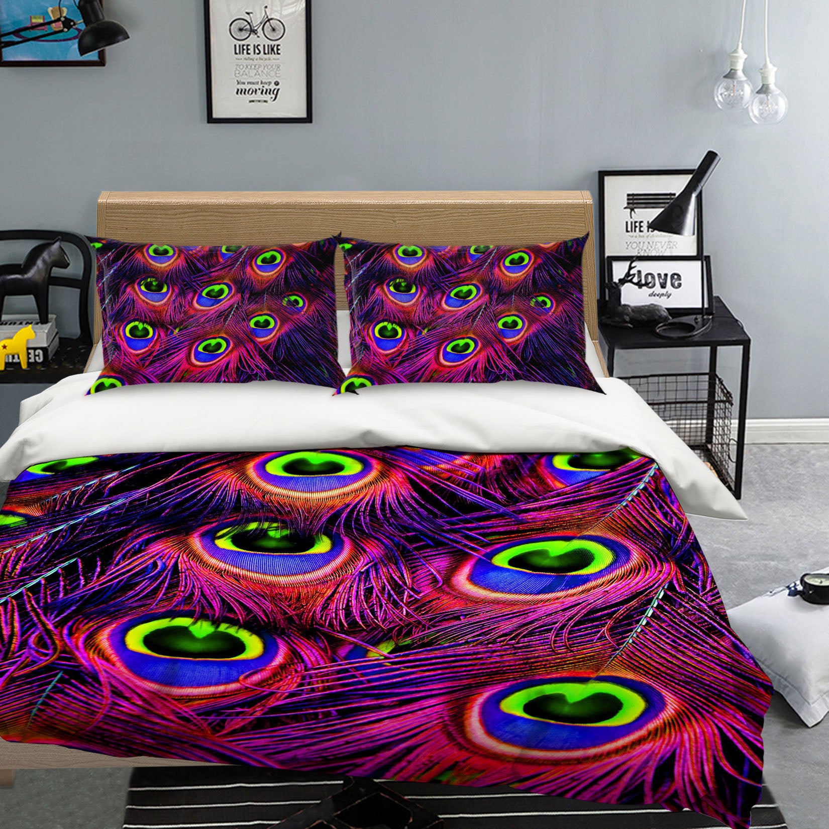 3D Peacock Feather 1920 Bed Pillowcases Quilt