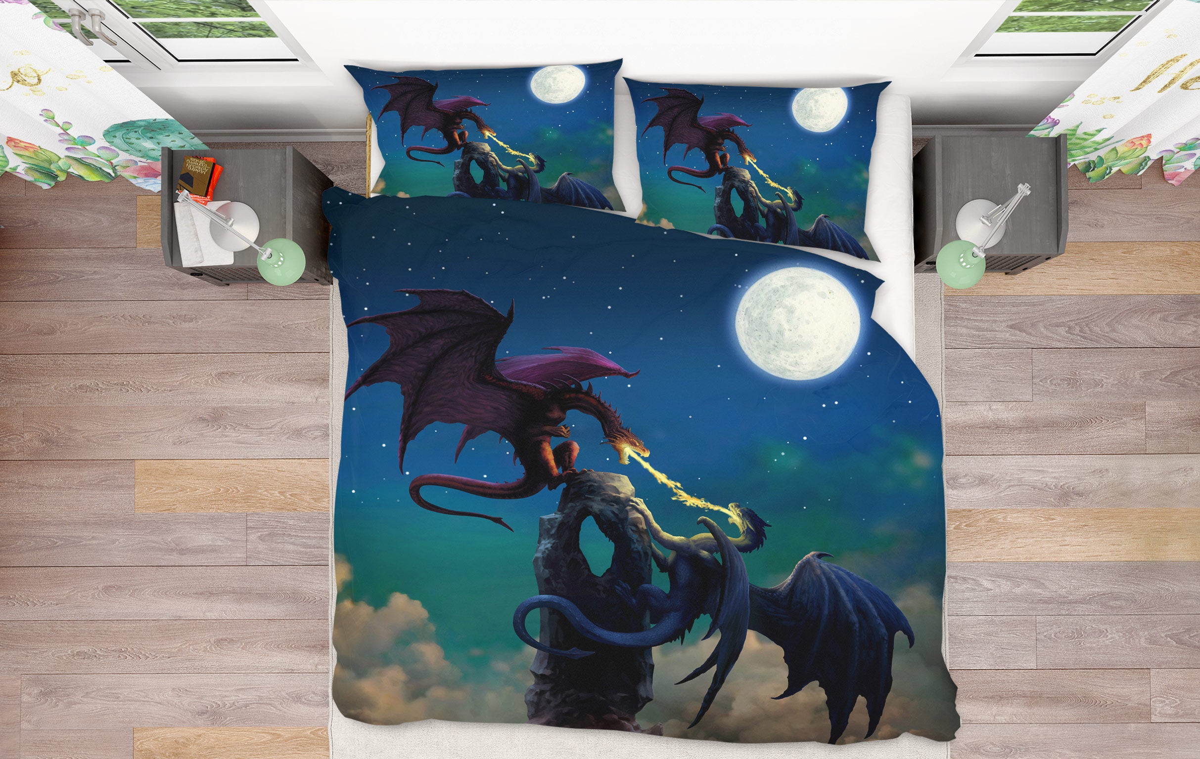3D Night Sky Moon Dragon 7031 Ciruelo Bedding Bed Pillowcases Quilt