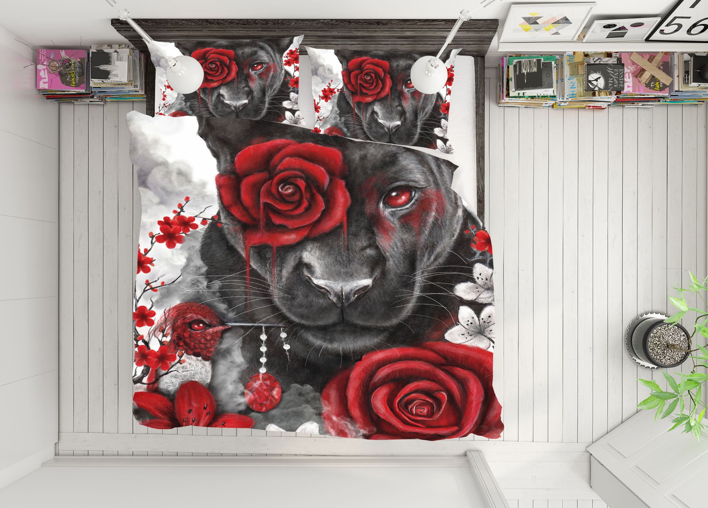 3D Red Rose Panther 8602 Sheena Pike Bedding Bed Pillowcases Quilt Cover Duvet Cover