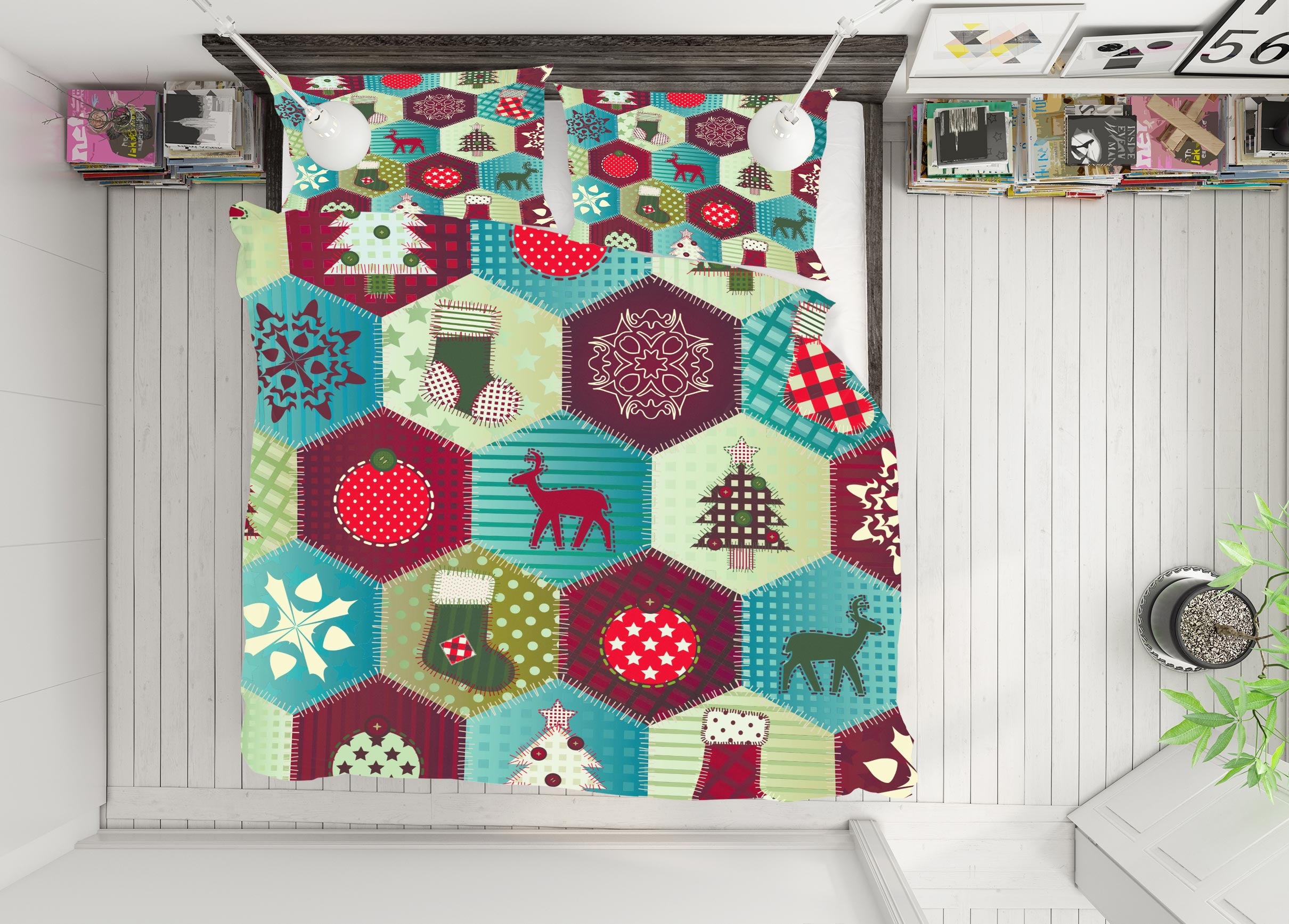 3D Deer Snowflake Hexagon Pattern 52138 Christmas Quilt Duvet Cover Xmas Bed Pillowcases
