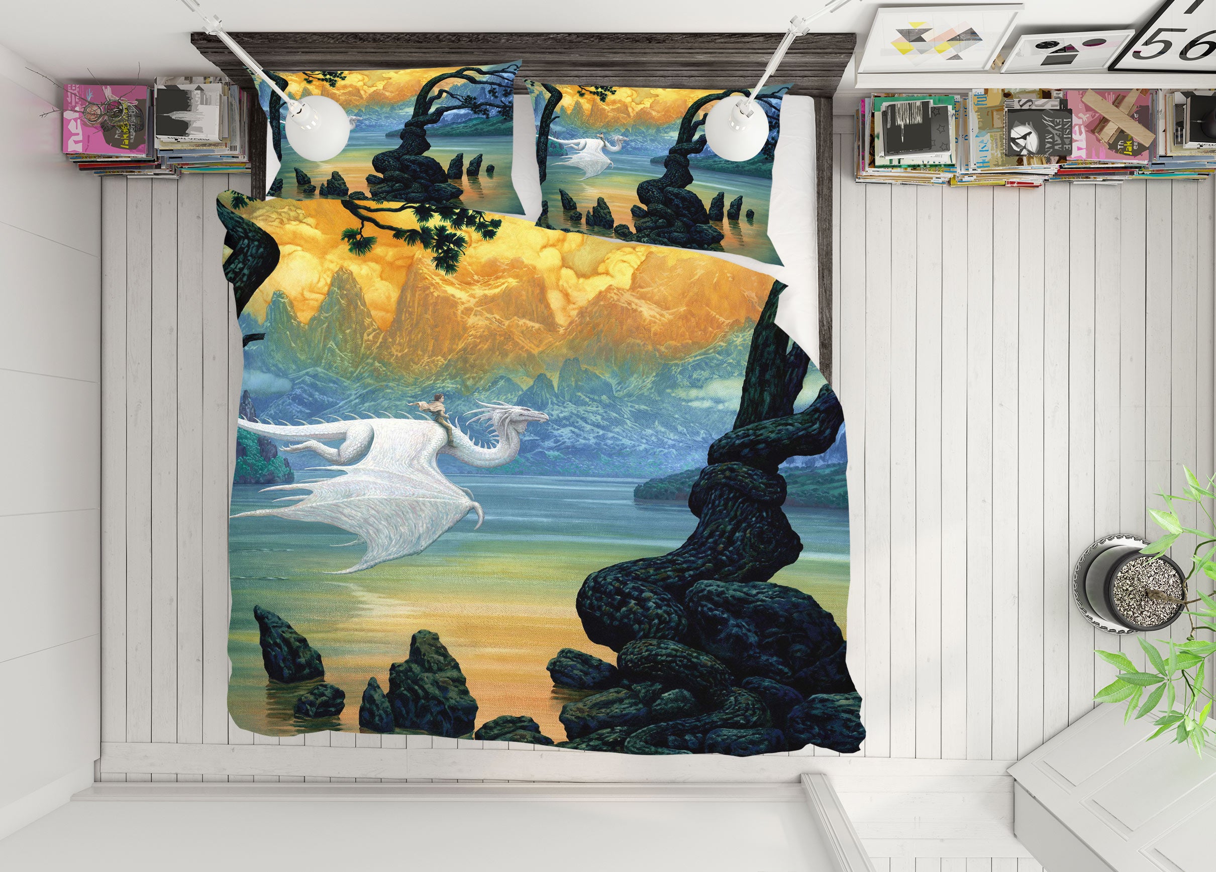 3D Mountain River White Dragon 7001 Ciruelo Bedding Bed Pillowcases Quilt