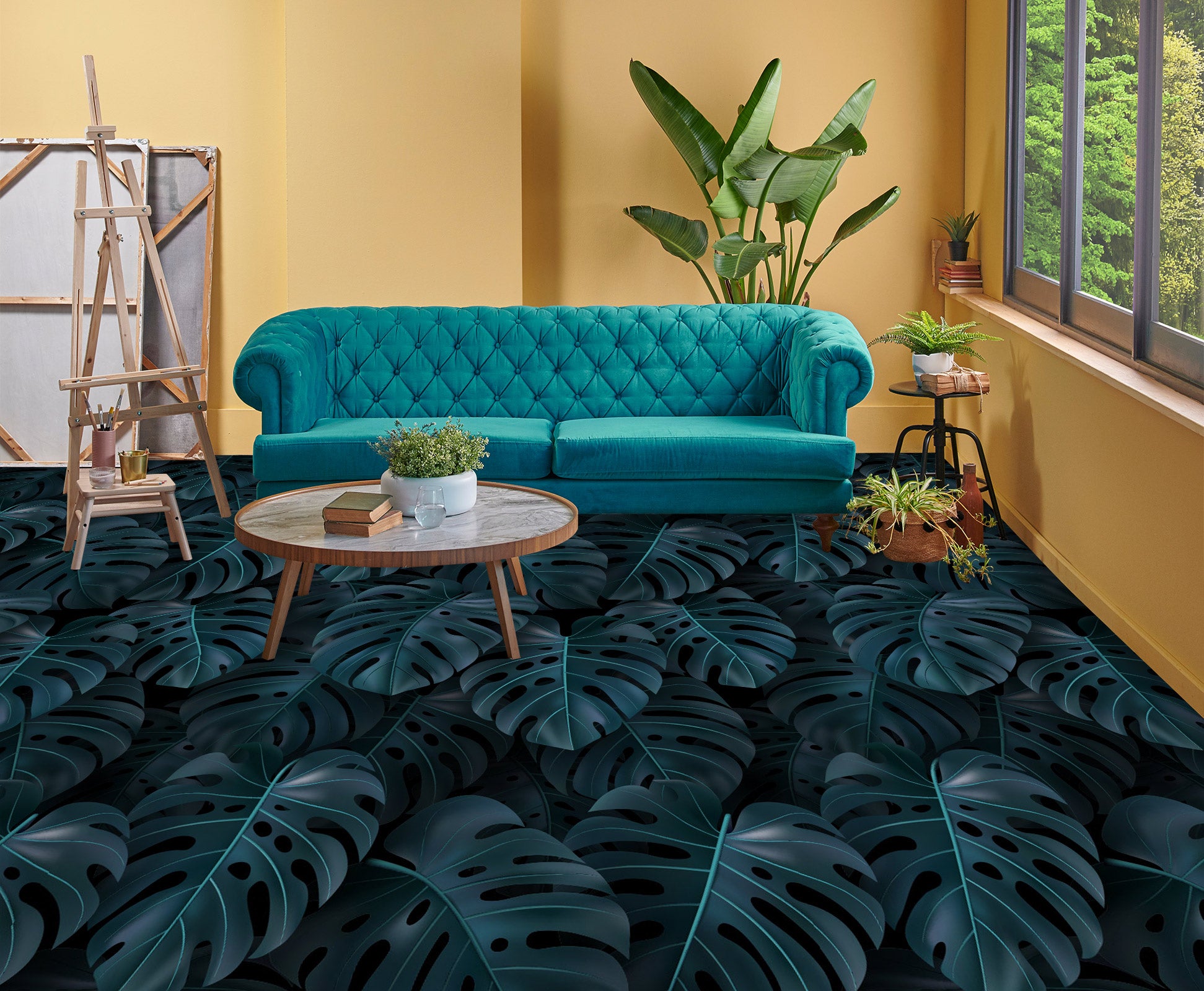 3D Dark Blue Leaves 1107 Floor Mural  Wallpaper Murals Self-Adhesive Removable Print Epoxy