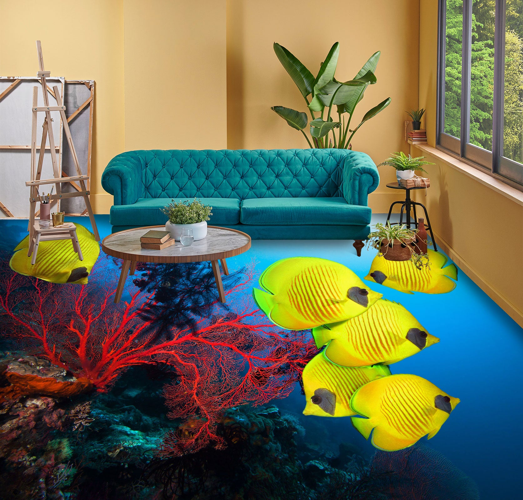 3D Fluorescent Yellow Fish 647 Floor Mural  Wallpaper Murals Rug & Mat Print Epoxy waterproof bath floor