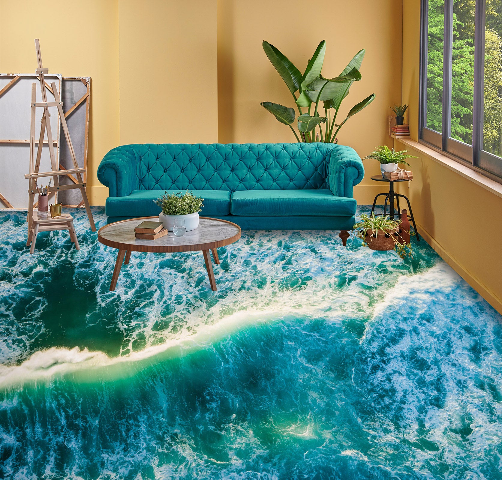 3D Yellow Wave Dividing Line 167 Floor Mural  Wallpaper Murals Rug & Mat Print Epoxy waterproof bath floor