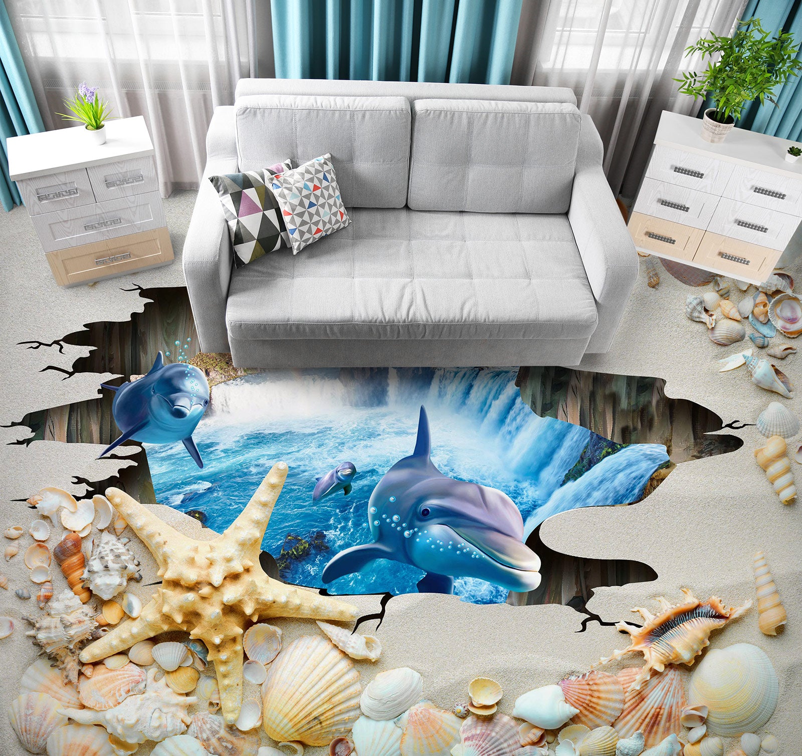 3D Curious Dolphins 150 Floor Mural  Wallpaper Murals Rug & Mat Print Epoxy waterproof bath floor