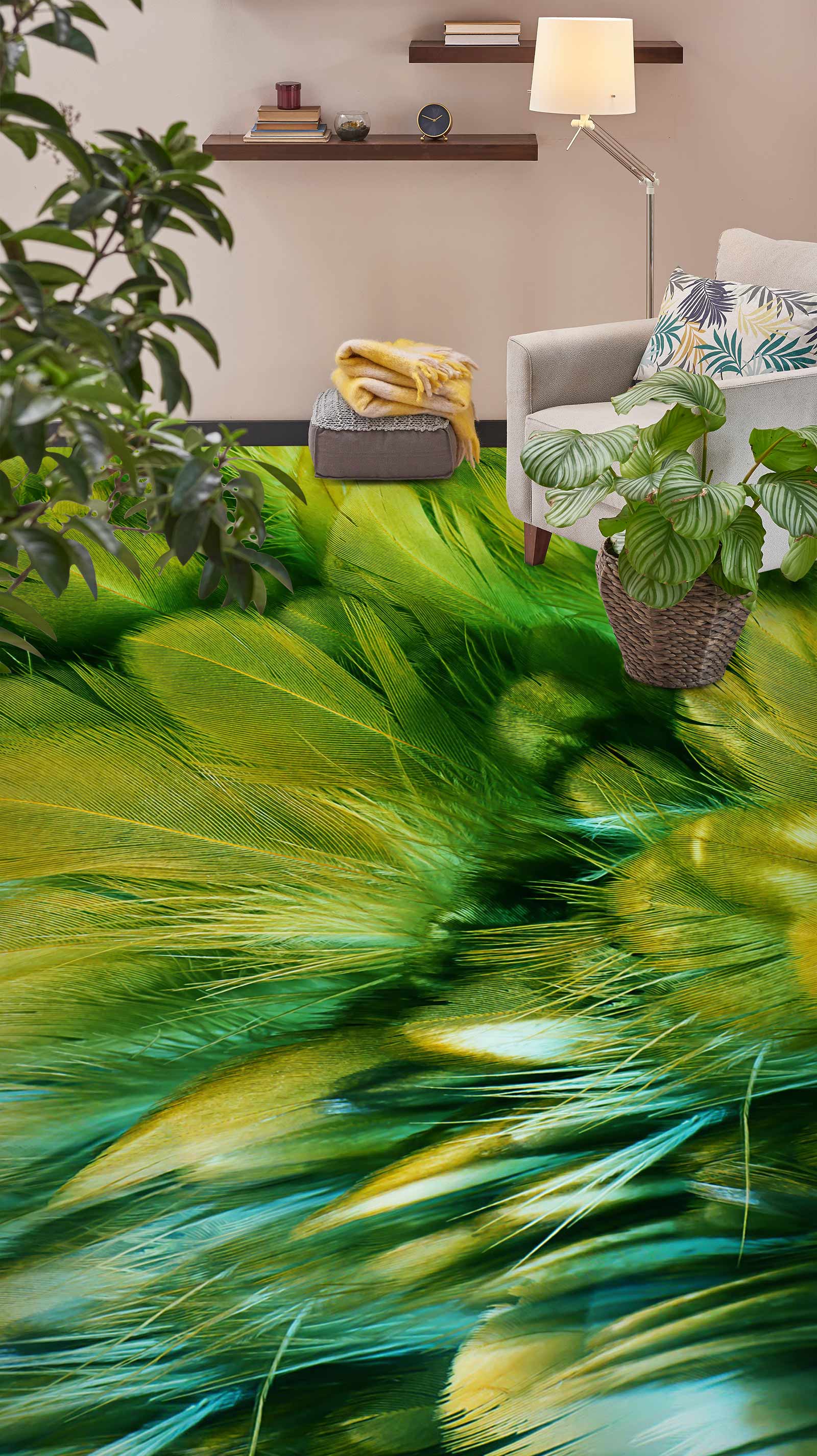 3D Green Feathers 1197 Floor Mural  Wallpaper Murals Self-Adhesive Removable Print Epoxy