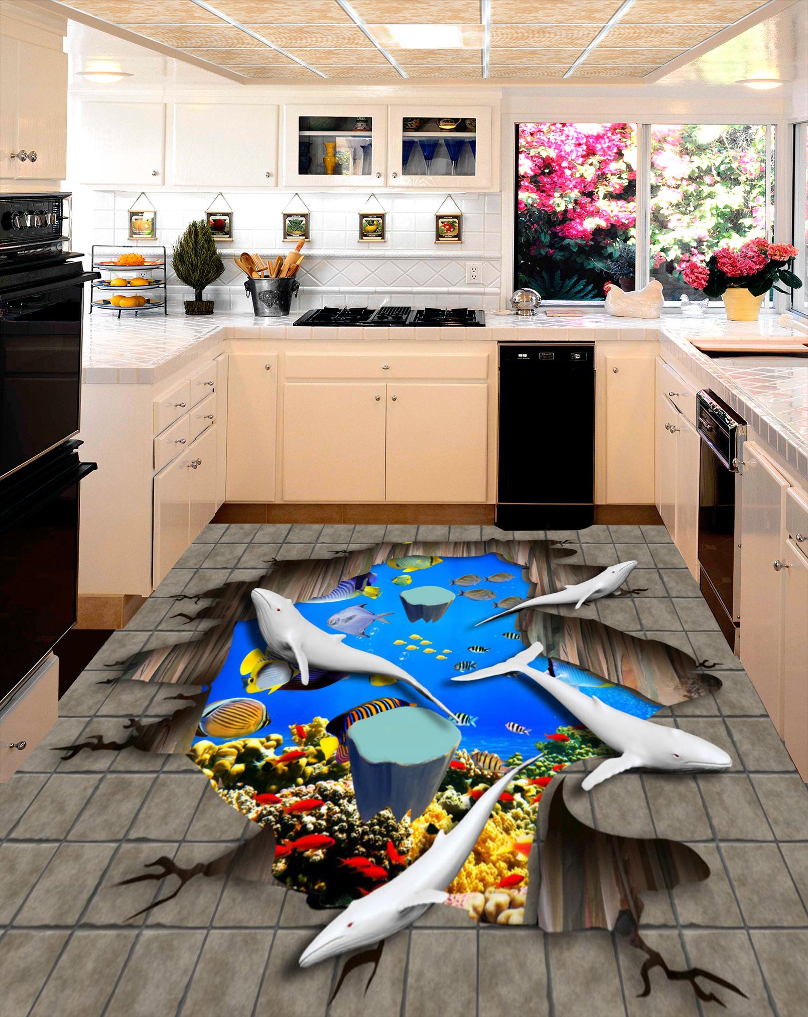 3D White Dolphin 150 Floor Mural  Self-Adhesive Sticker Bathroom Non-slip Waterproof Flooring Murals