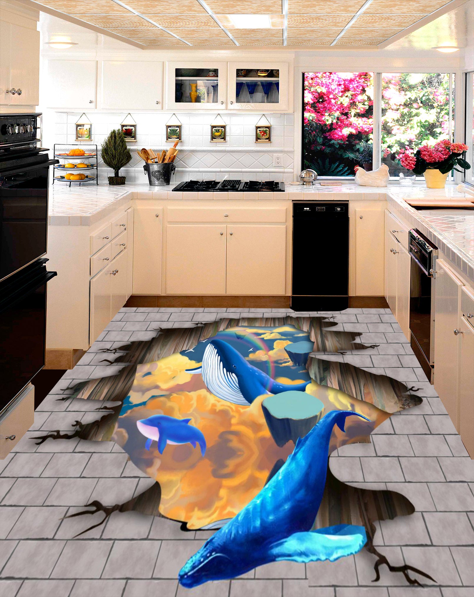 3D White Whale 151 Floor Mural  Self-Adhesive Sticker Bathroom Non-slip Waterproof Flooring Murals