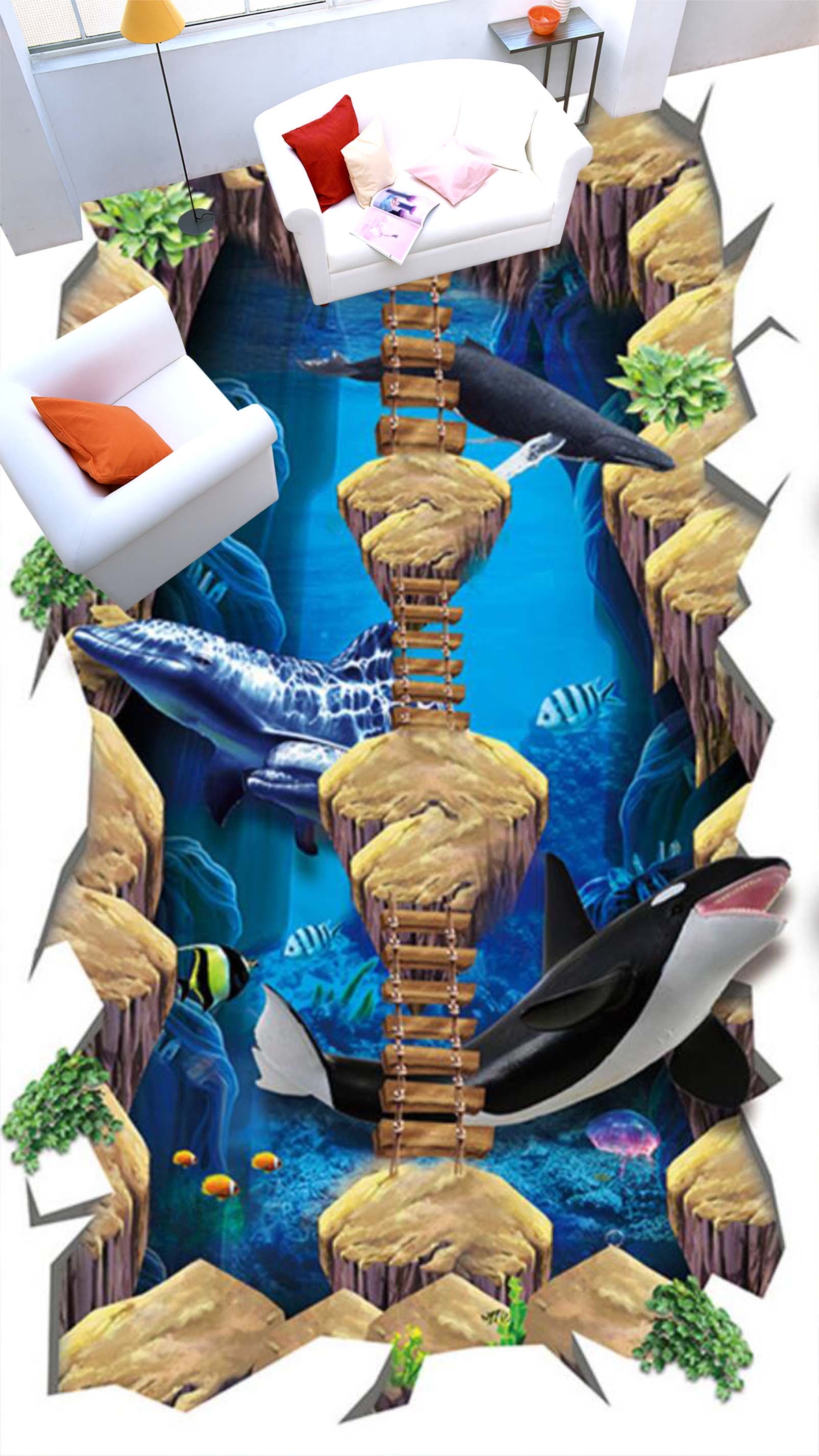 3D Marine Fish 180 Floor Mural  Self-Adhesive Sticker Bathroom Non-slip Waterproof Flooring Murals