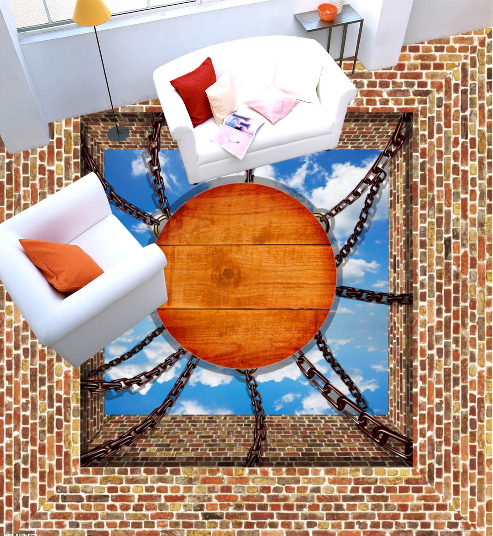 3D Chain Wooden Disc 149 Floor Mural  Self-Adhesive Sticker Bathroom Non-slip Waterproof Flooring Murals