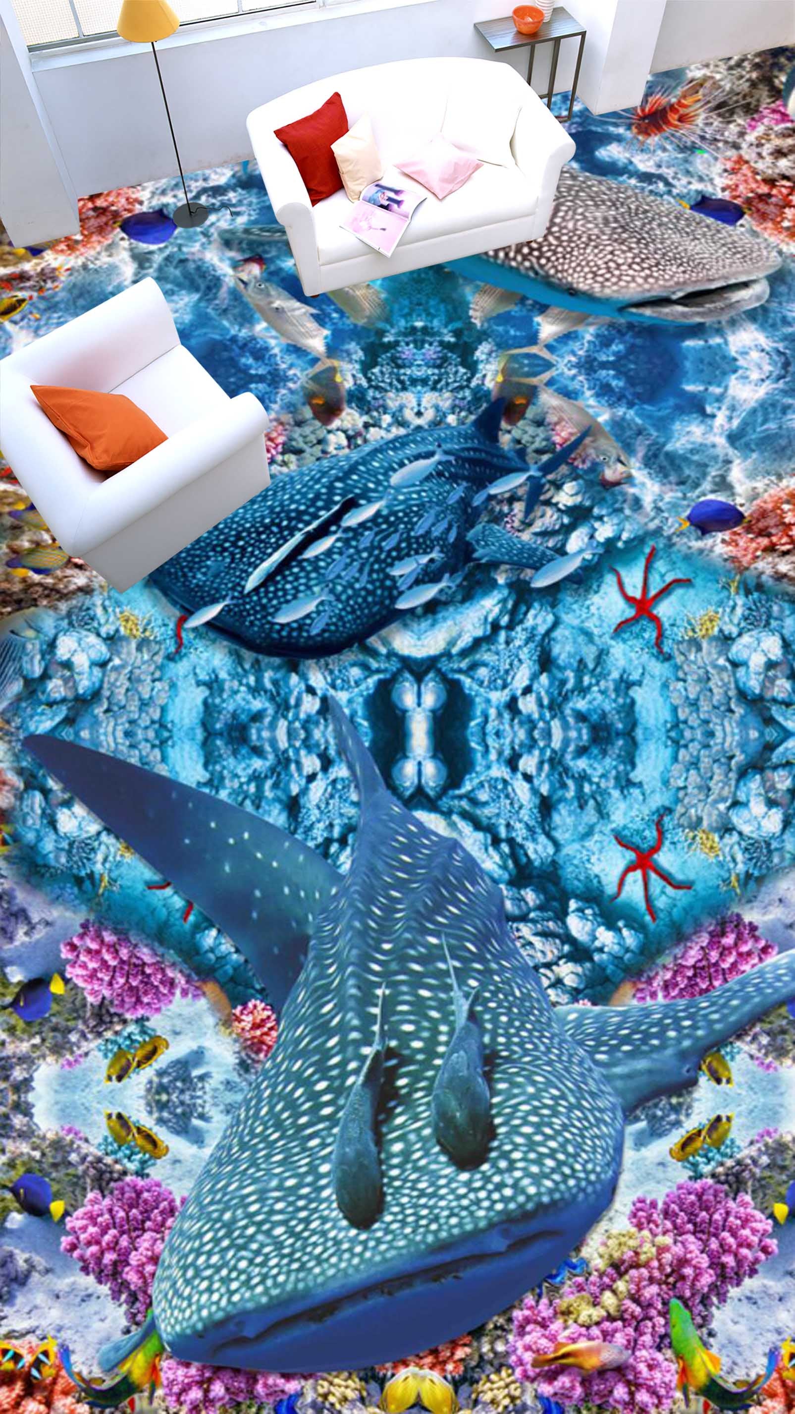 3D Ocean Big Fish 126 Floor Mural  Self-Adhesive Sticker Bathroom Non-slip Waterproof Flooring Murals