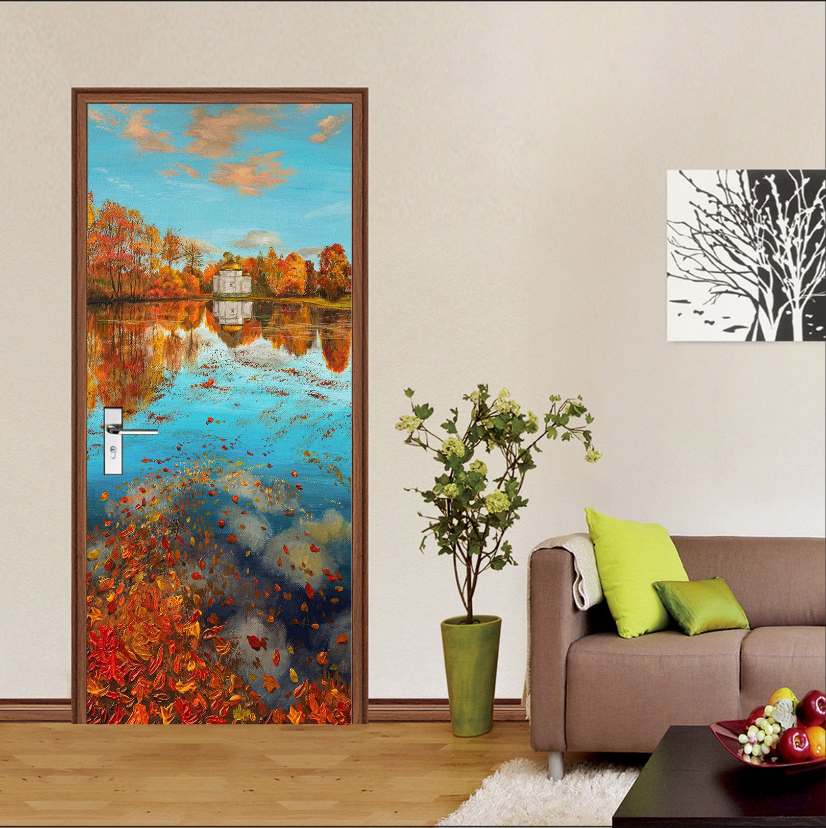 3D Lake Autumn Fallen Leaves 9429 Marina Zotova Door Mural