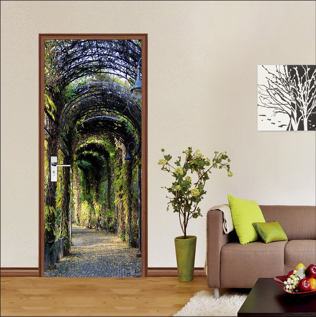 3D green covered arch corridor door mural Wallpaper AJ Wallpaper 