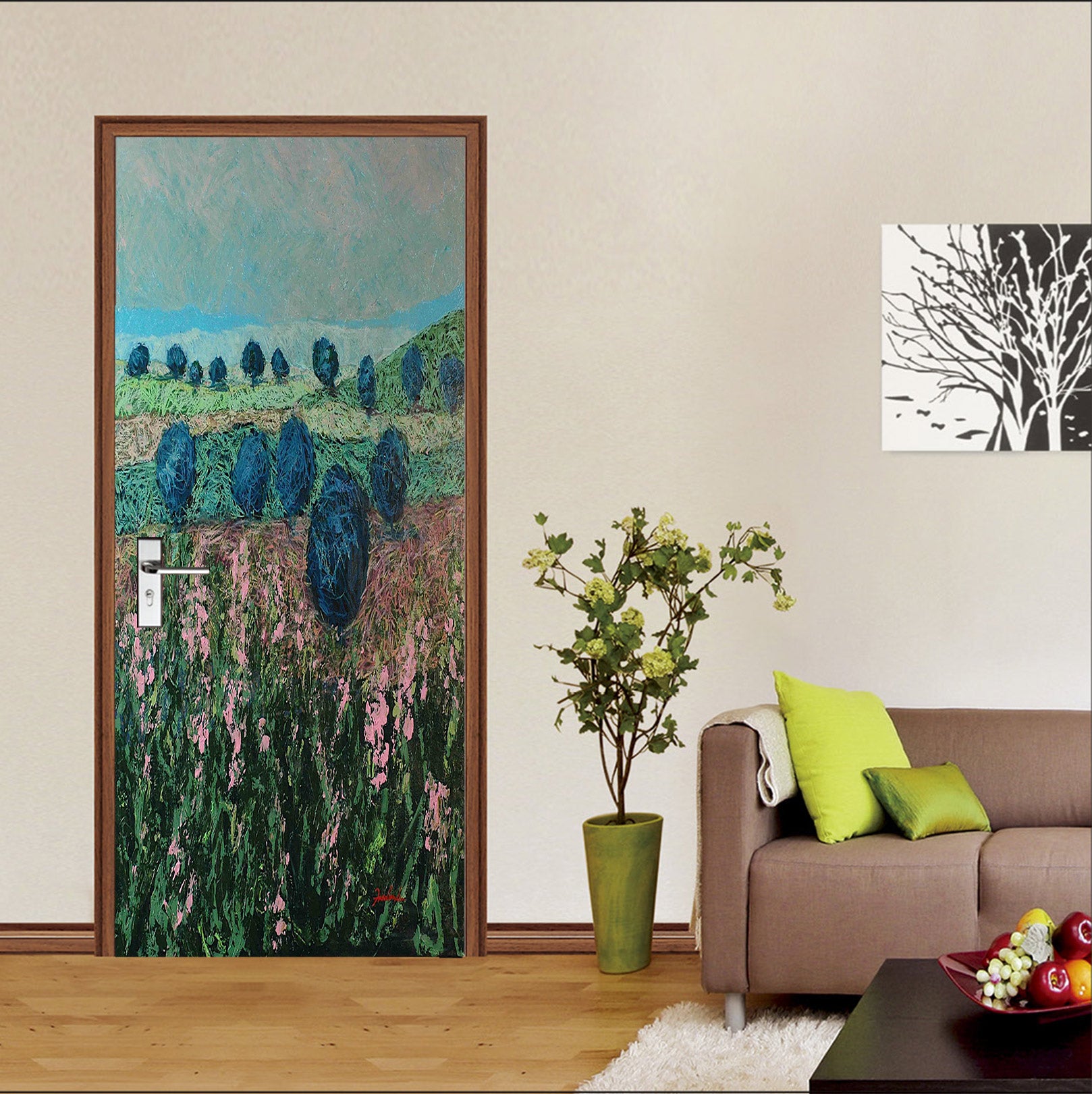 3D Pink Flowers Bushes Trees Grass 9330 Allan P. Friedlander Door Mural