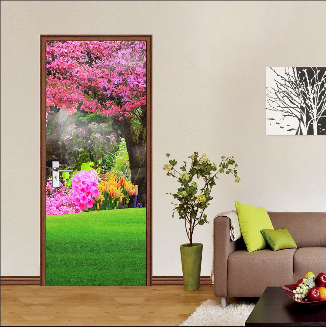 3D trees are blooming painting door mural Wallpaper AJ Wallpaper 