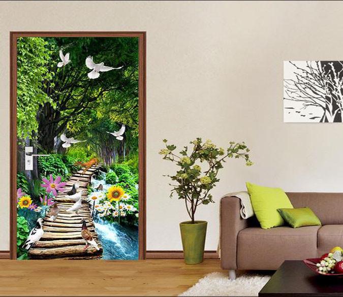 3D river wood bridge birds door mural Wallpaper AJ Wallpaper 