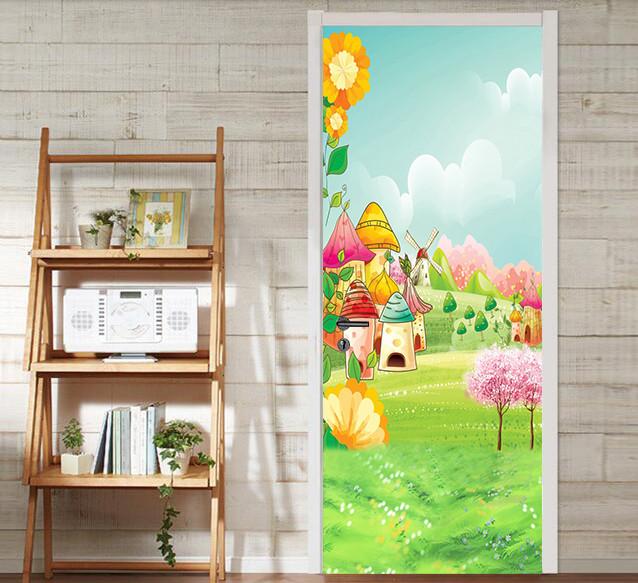 3D fairy tale flower castle painting door mural Wallpaper AJ Wallpaper 