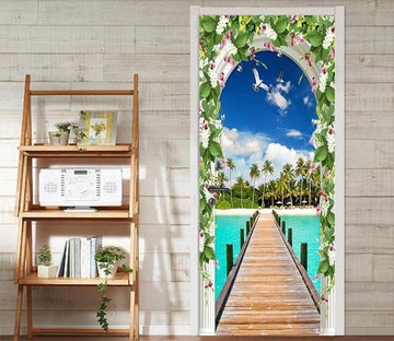 3D seagull palm flower arch door mural Wallpaper AJ Wallpaper 
