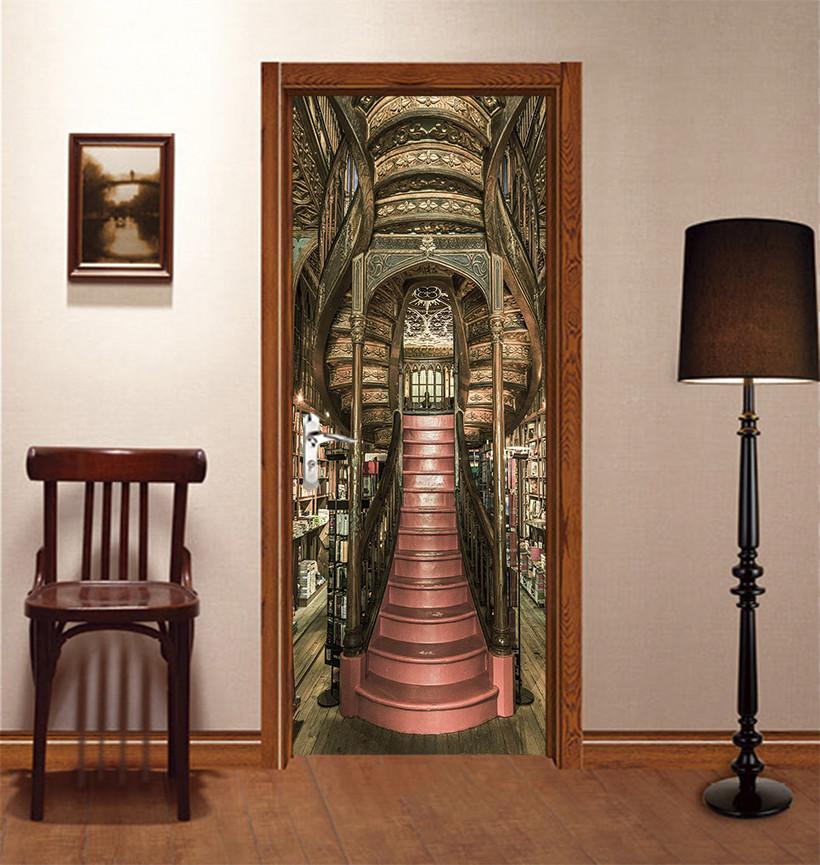 3D stairs bookstore door mural Wallpaper AJ Wallpaper 