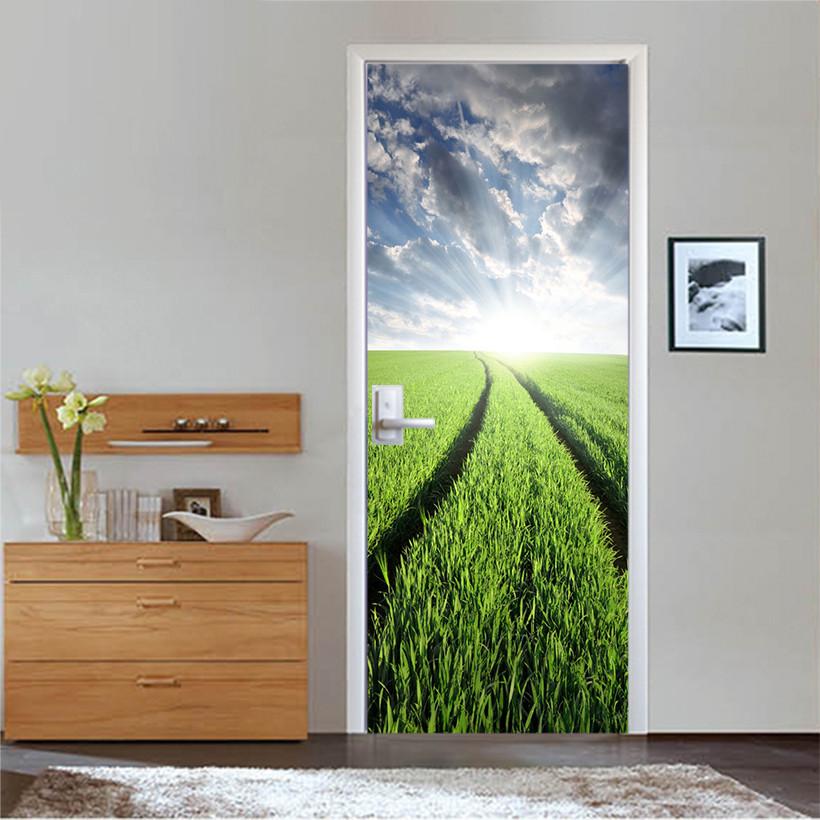 3D paddy field green door mural Wallpaper AJ Wallpaper 
