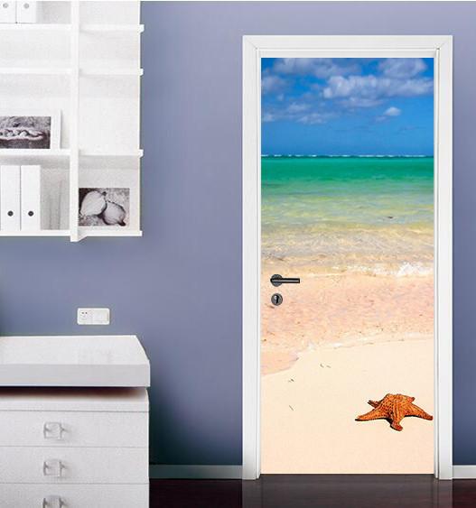 3D blue beach starfish door mural Wallpaper AJ Wallpaper 