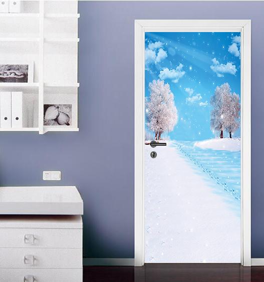 3D blue sky white clouds the snow tree door mural Wallpaper AJ Wallpaper 