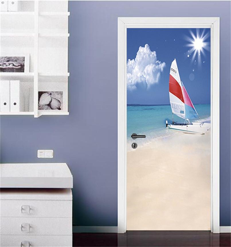 3D surfing sandy beach sea door mural Wallpaper AJ Wallpaper 