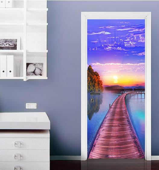 3D setting sun lake water plank bridge door mura Wallpaper AJ Wallpaper 