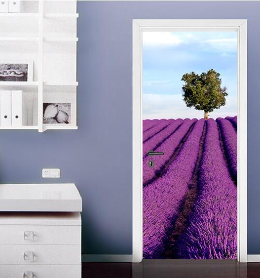 3D lavender field tree door mural Wallpaper AJ Wallpaper 