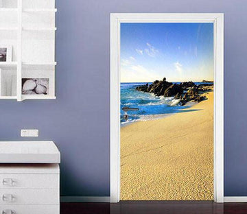 3D sandy beach sea stone door mural Wallpaper AJ Wallpaper 