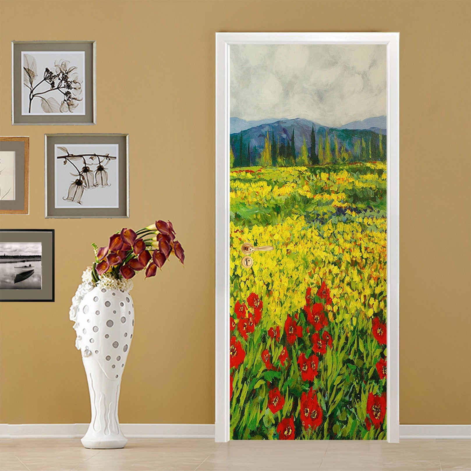 3D Yellow Red Flowers Painting 9337 Allan P. Friedlander Door Mural