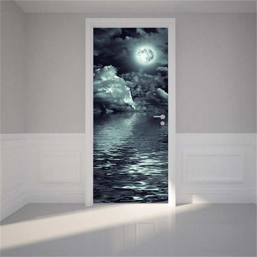 3D the moon and the sea at night door mural Wallpaper AJ Wallpaper 