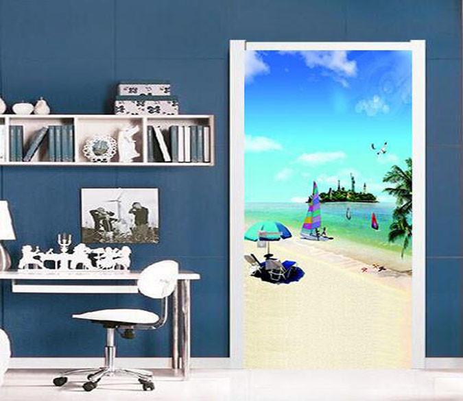 3D sandy beach the blue sky sailing door mural Wallpaper AJ Wallpaper 