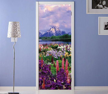 3D snow capped mountains and flowers door mural Wallpaper AJ Wallpaper 