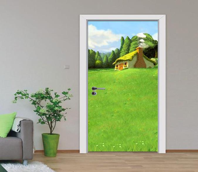 3D grassland woods log cabin painting door mural Wallpaper AJ Wallpaper 