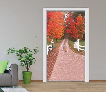 3D maple leaves road fence door mural Wallpaper AJ Wallpaper 