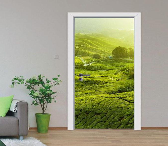3D green tea mountains 02 door mural Wallpaper AJ Wallpaper 