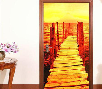 3D sea wooden bridge sunset glow door mural Wallpaper AJ Wallpaper 