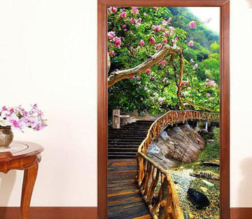 3D plank bridge a blooming tree door mural Wallpaper AJ Wallpaper 