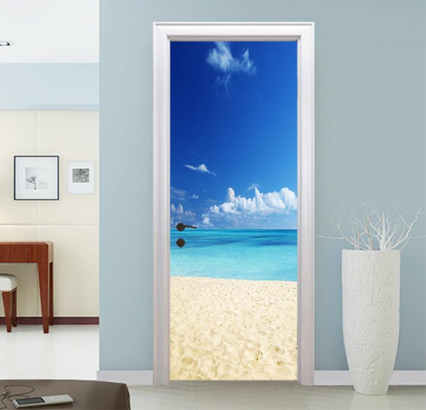 3D sandy beach The sea blue sky door mural Wallpaper AJ Wallpaper 