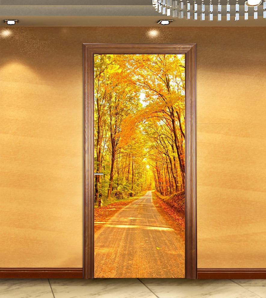 3D yellow tree leaf street door mural Wallpaper AJ Wallpaper 