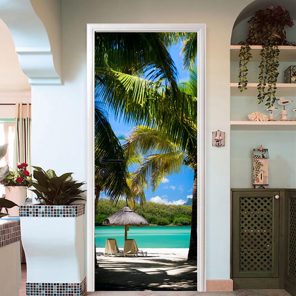 3d green palm sea door mural Wallpaper AJ Wallpaper 